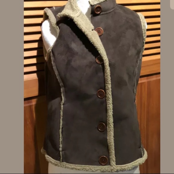 BODEN Vest Faux Suede Fleece Lined Brown Buttons